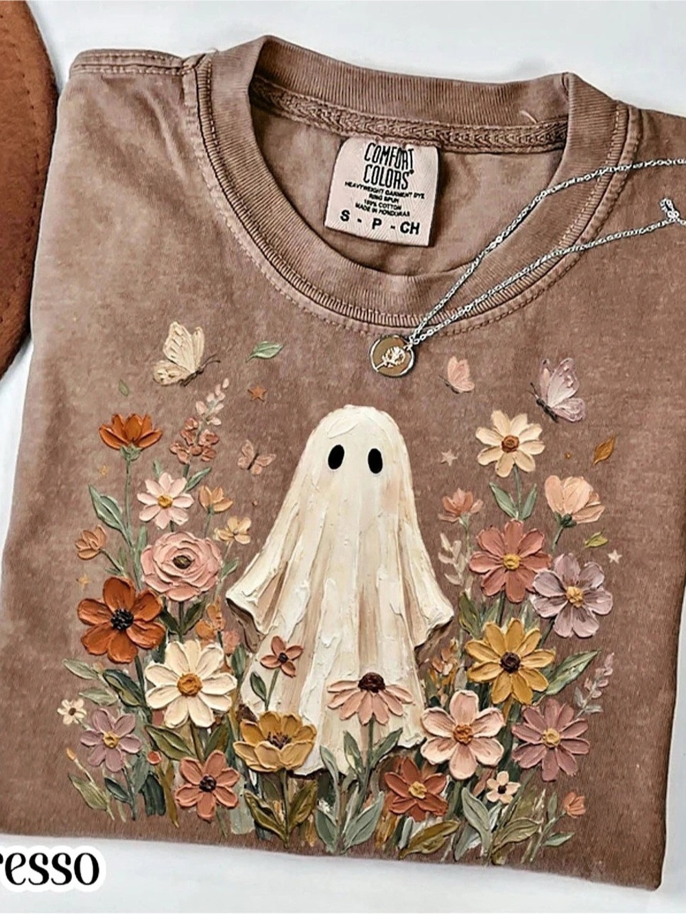 Comfort Colors Espresso Heavyweight Garment-Dyed T-Shirt with Ghost and Floral